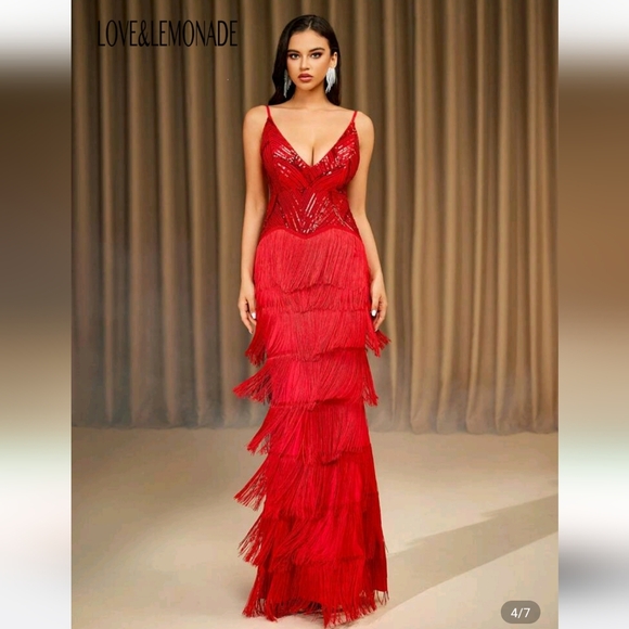Red V-NECK Sequins Tassel Maxi Dress - Picture 1 of 8